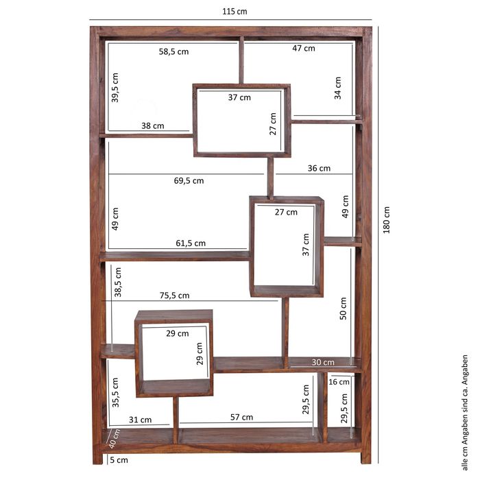 FineBuy Bücherregal Massiv Sheesham 180 cm Massivholz XXL Regal Raumteiler – Maßzeichnung