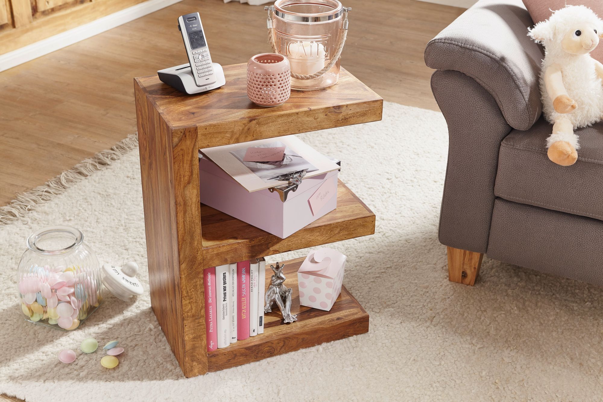 FineBuy Massivholz Beistelltisch E- Cube Ablage Stand Bücher Regal 44x60x30 – Ansicht 4