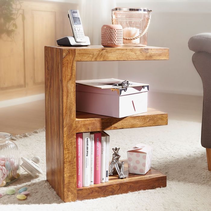 FineBuy Massivholz Beistelltisch E- Cube Ablage Stand Bücher Regal 44x60x30