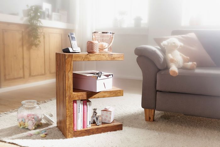 FineBuy Massivholz Beistelltisch E- Cube Ablage Stand Bücher Regal 44x60x30 – Maßzeichnung