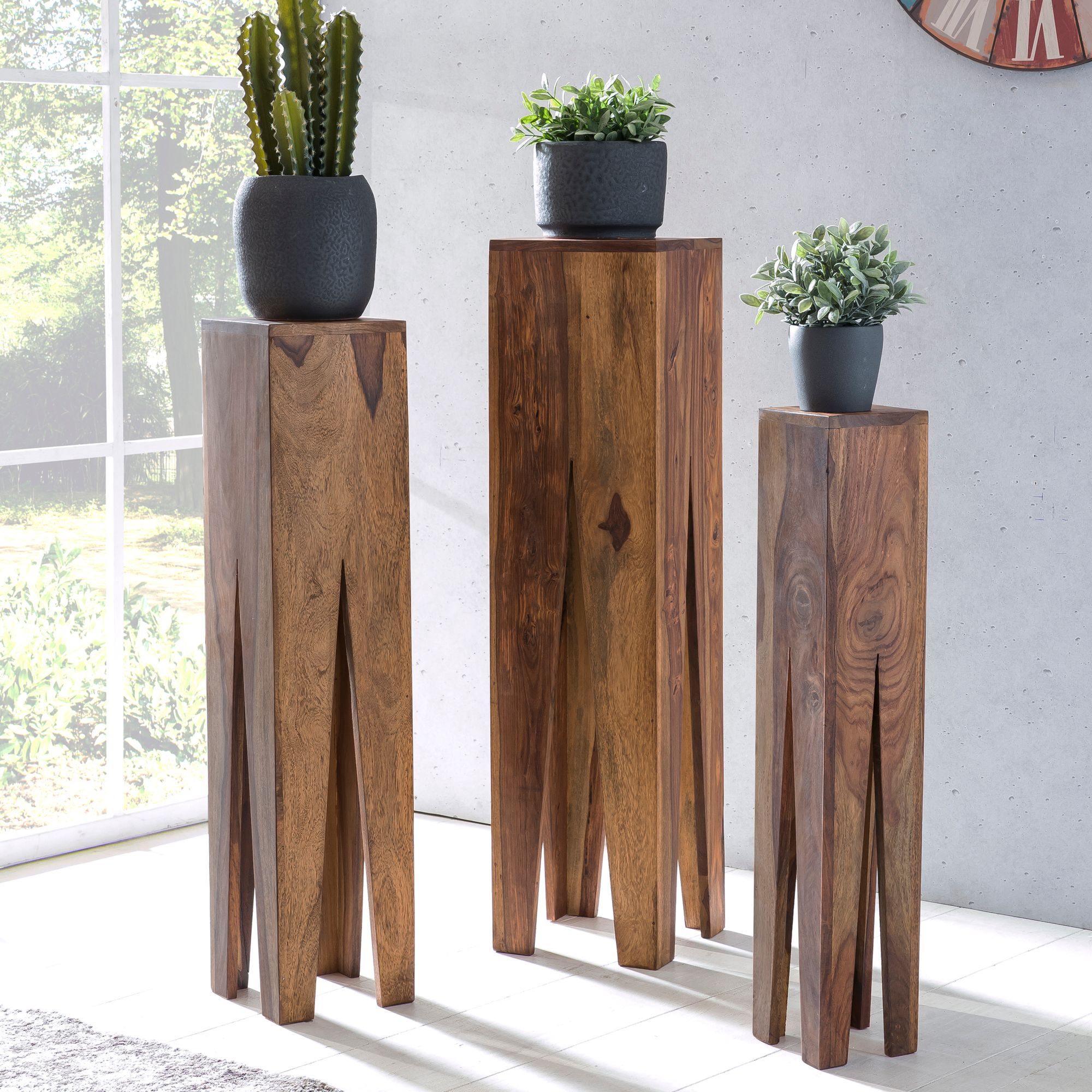 Satztisch FineBuy Massivholz Blumentisch 3er Set Säulentisch Dekosäule Eckig – Ansicht 1