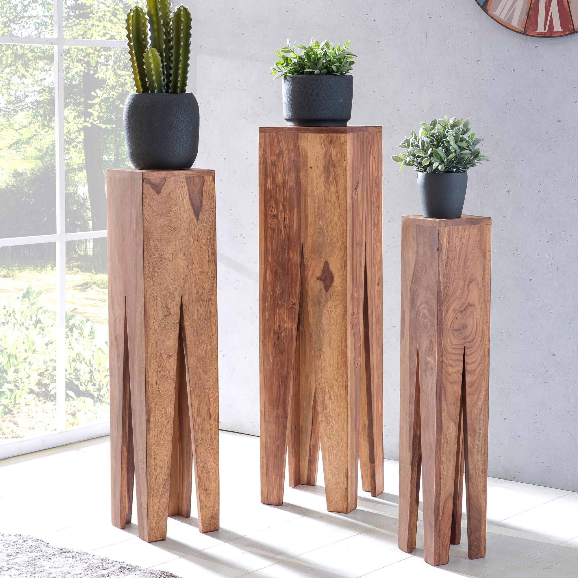 Satztisch FineBuy Massivholz Blumentisch 3er Set Säulentisch Dekosäule Eckig – Ansicht 1