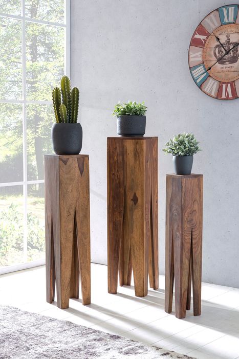 Satztisch FineBuy Massivholz Blumentisch 3er Set Säulentisch Dekosäule Eckig – Maßzeichnung