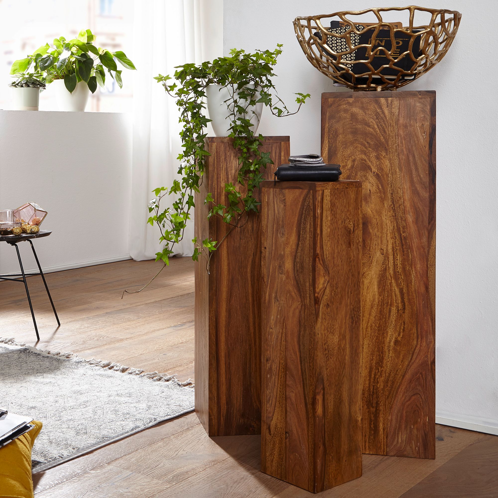 Satztisch FineBuy Massivholz Blumentisch 3er Set Säulentisch Dekosäule Eckig – Ansicht 1