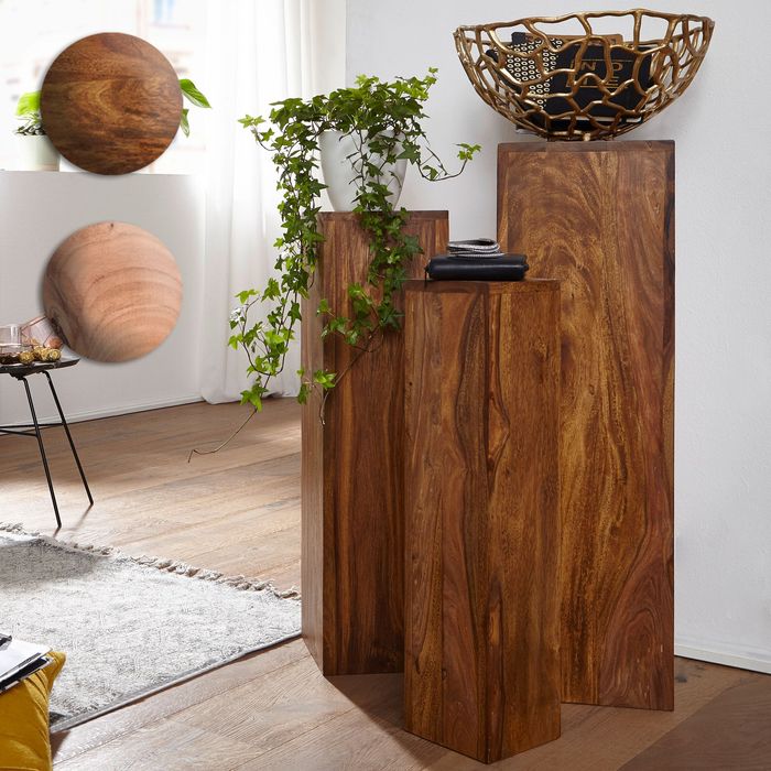 FineBuy Beistelltisch 3er Set Massivholz Satztisch Quadratisch Modern, Säulentisch Pflanzentisch 3-teilig, Blumenständer Blumentisch Wohnzimmer, Pflanzenhocker Blumenhocker Dekosäule 6263