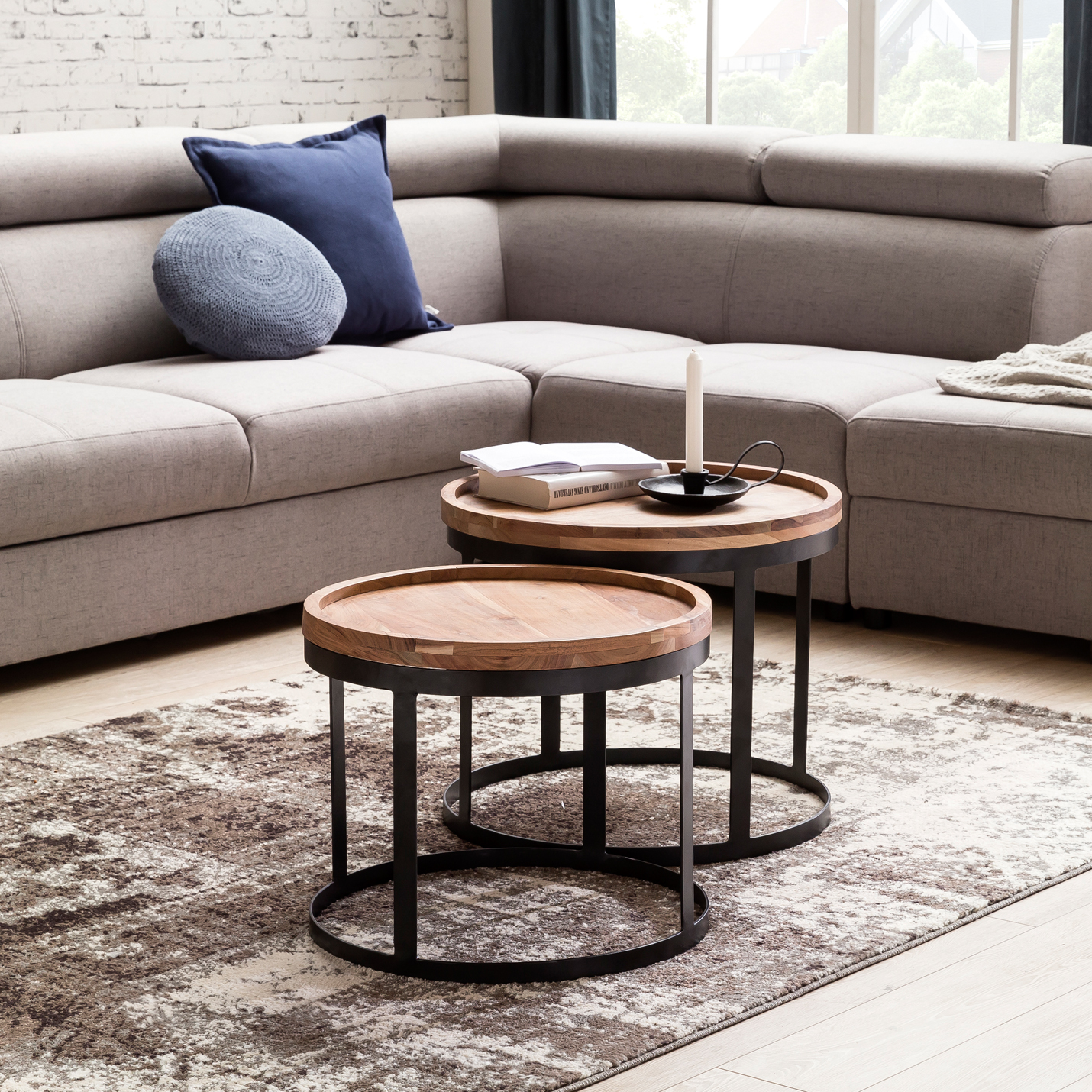 Couchtisch 2er Set Massivholz Wohnzimmertisch Industrial Design Metallgestell – Ansicht 1