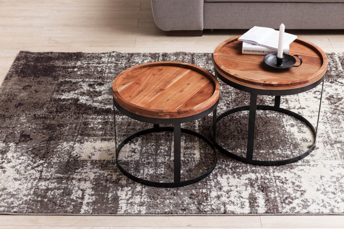 Couchtisch 2er Set Massivholz Wohnzimmertisch Industrial Design Metallgestell – Ansicht 4