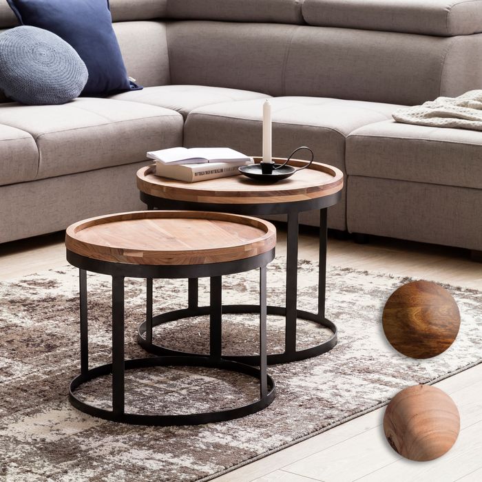 FineBuy 2er Set Beistelltische Massivholz Wohnzimmertisch Landhaus Anstelltisch Metallgestell Naturholz Farbe wählbar 6264