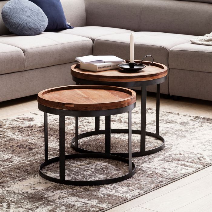 Couchtisch 2er Set Massivholz Wohnzimmertisch Industrial Design Metallgestell