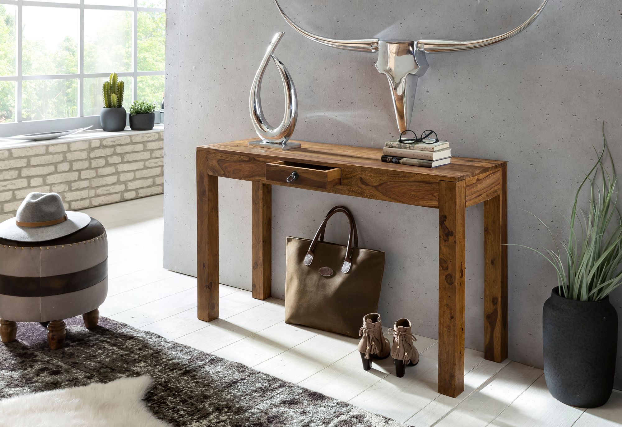 Konsolentisch Holz Massiv Wandtisch Konsole Anrichte 1 Schublade Schreibtisch – Ansicht 2