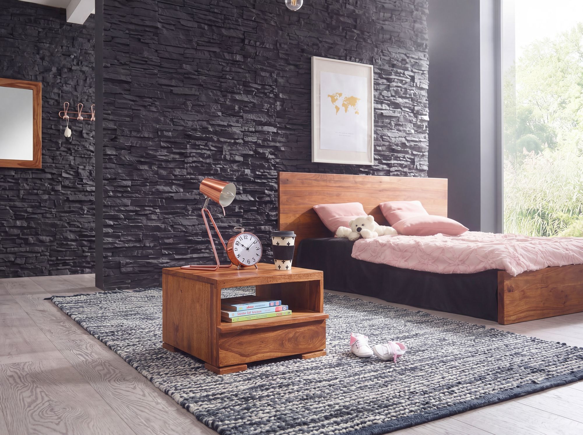 Nachttisch Massivholz Schublade & Ablage Flache Nachtkommode Futon Nachtkästchen – Ansicht 2