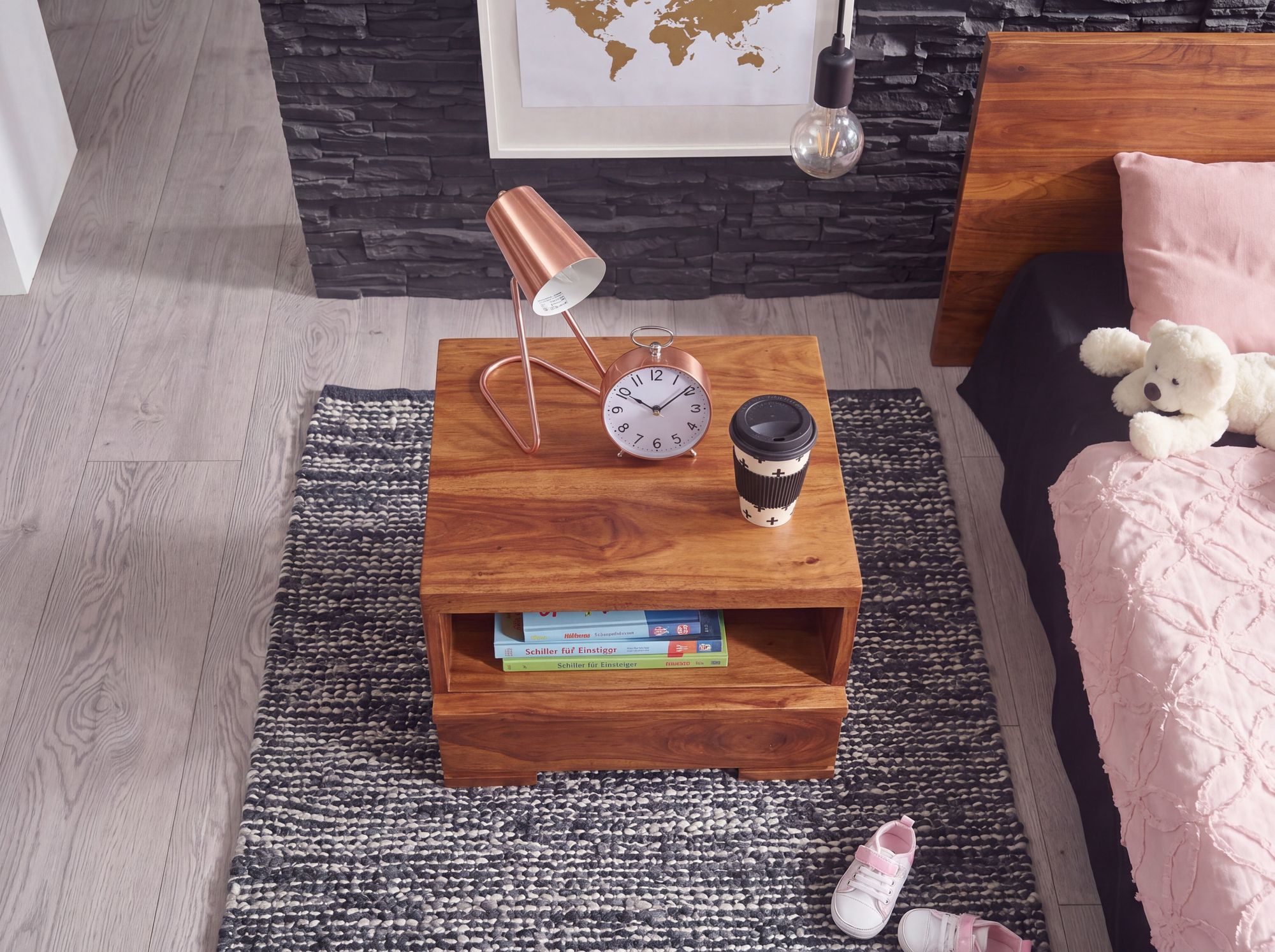 Nachttisch Massivholz Schublade & Ablage Flache Nachtkommode Futon Nachtkästchen – Ansicht 5
