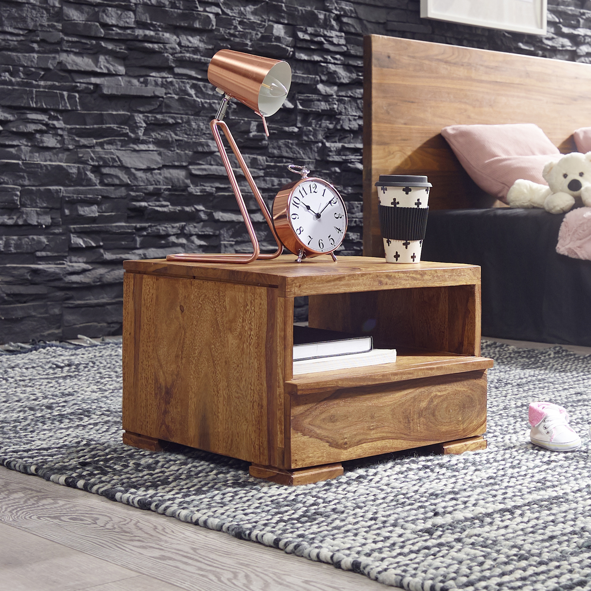 Nachttisch Massivholz Schublade & Ablage Flache Nachtkommode Futon Nachtkästchen – Ansicht 1