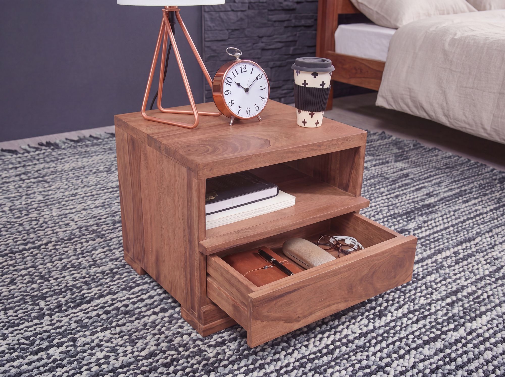 Nachttisch Massivholz Schublade & Ablage Flache Nachtkommode Futon Nachtkästchen – Ansicht 4