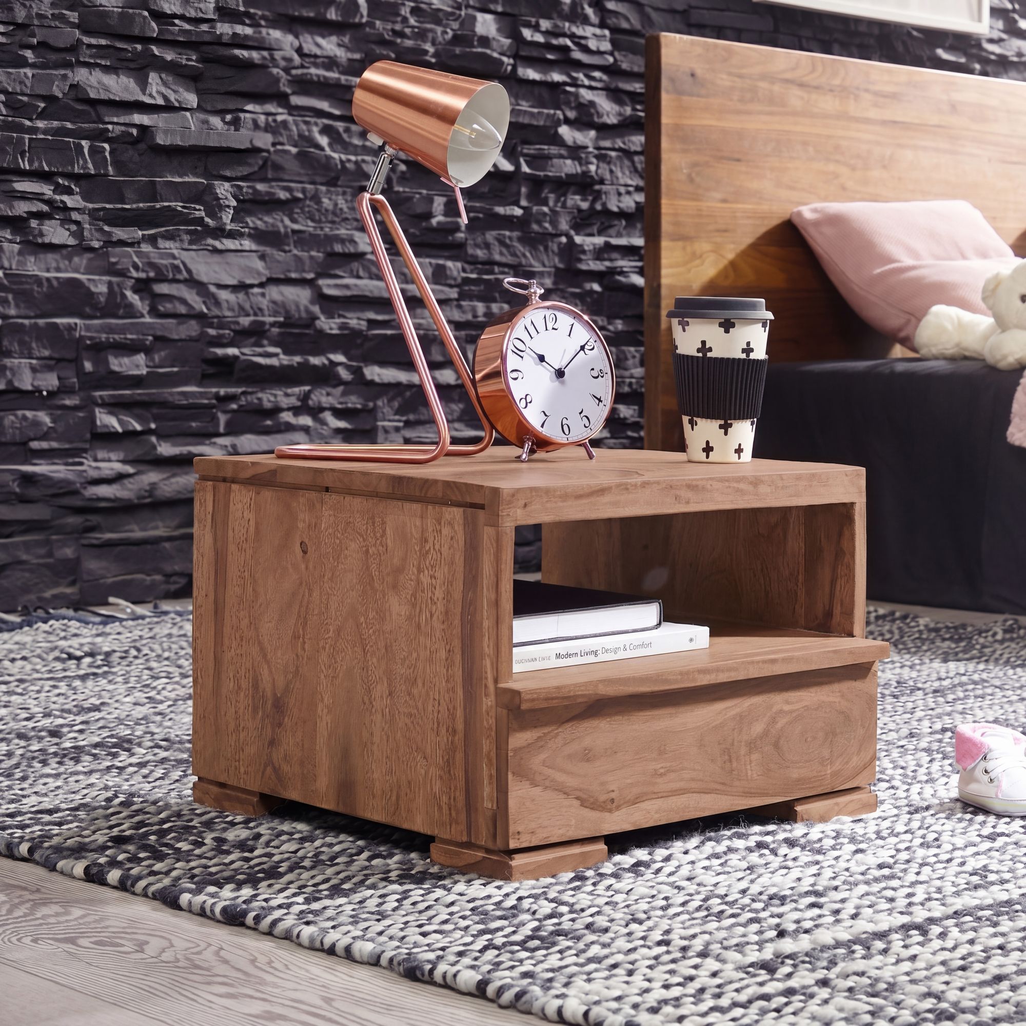 Nachttisch Massivholz Schublade & Ablage Flache Nachtkommode Futon Nachtkästchen – Ansicht 1