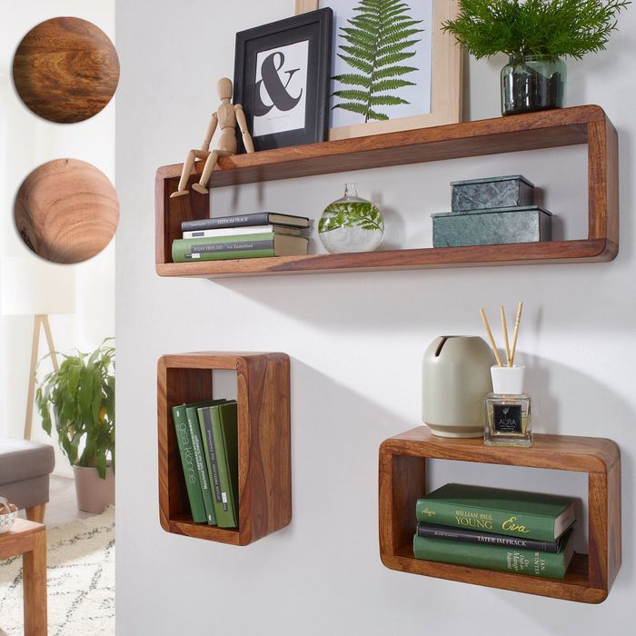 FineBuy Design Wandregal 3er Set Massiv Holzregale Landhausstil, Rustikales Wandregal-Set Holz, Hängeregal Viereckig Echtholz, Wand-Regale, Hängend Würfel, Regal Wandkästen Eckig 6306