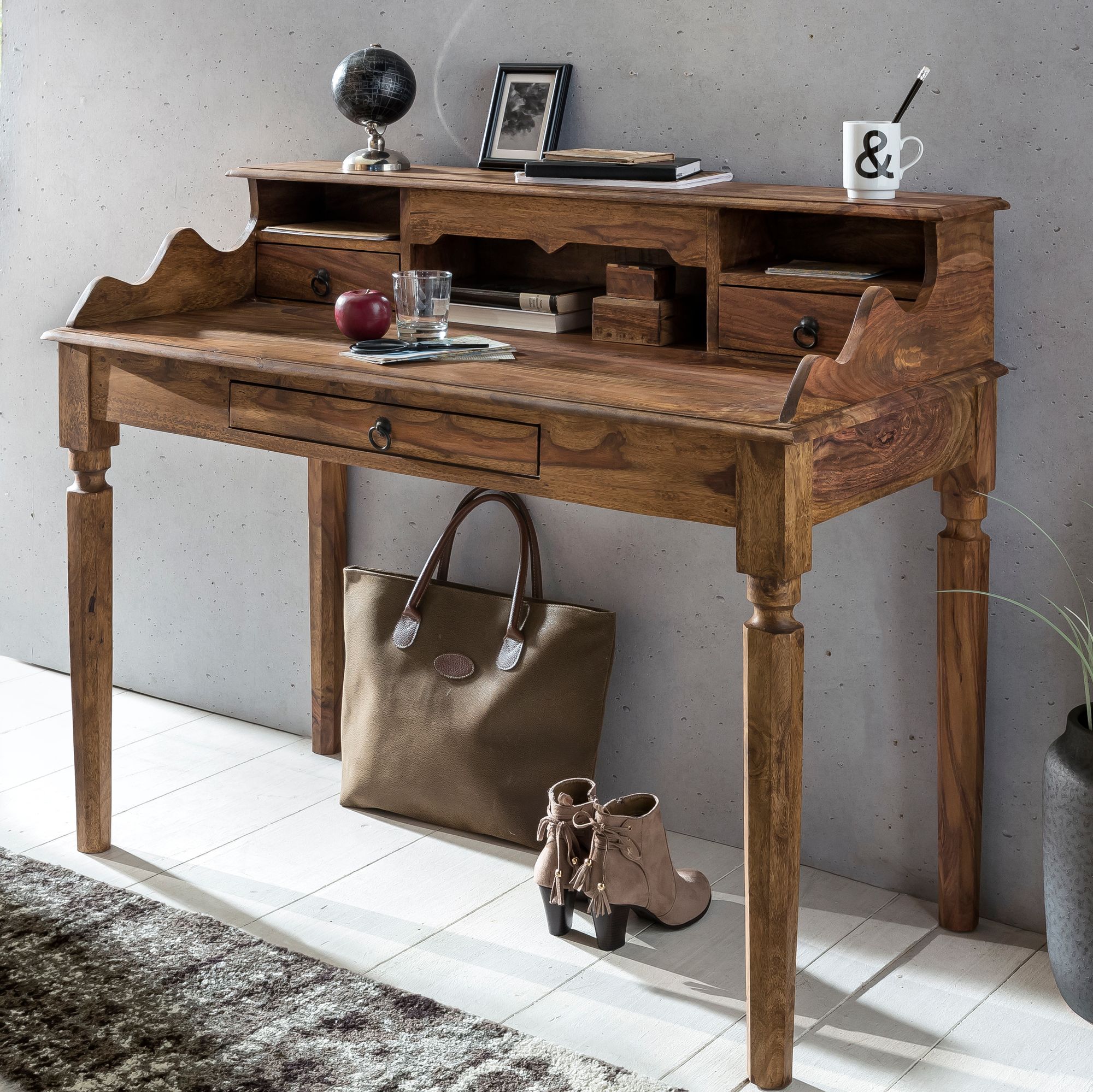 FineBuy Schreibtisch Massivholz Konsole, Sekretär 115 x 100 x 60 cm mit 3 Schubladen und Fächern, Konsolentisch Landhaus-Stil aus Natur-Holz modern, Arbeits-Tisch mit vielen Ablagemöglichkeiten | Farbe: Braun FineBuy Schreibtisch Massivholz Konsole, Sekretär 115 x 100 x 60 cm mit 3 Schubladen und Fächern, Konsolentisch Landhaus-Stil aus Natur-Holz modern, Arbeits-Tisch mit vielen Ablagemöglichkeiten | Farbe: Braun