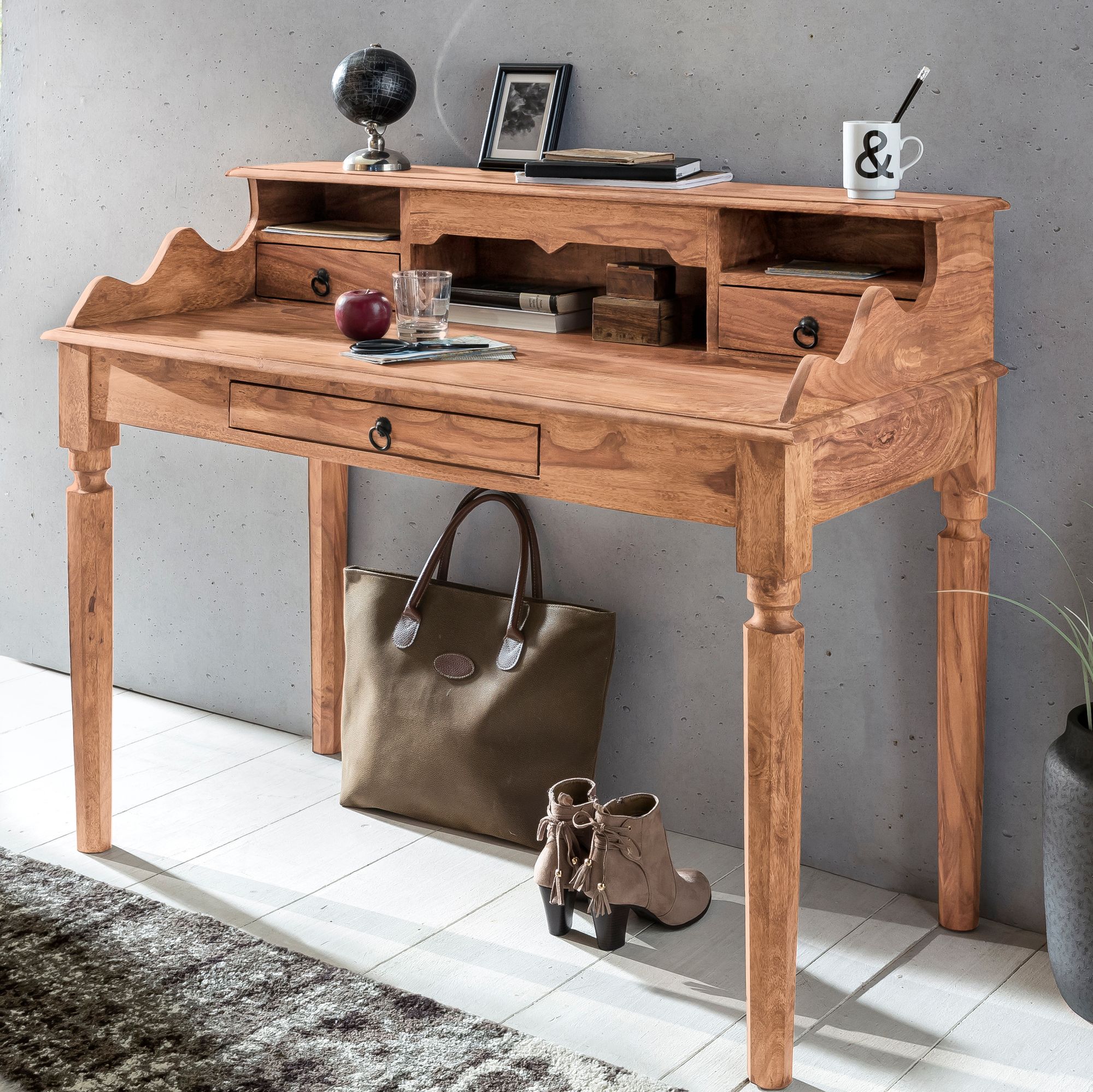 FineBuy Schreibtisch Massivholz Konsole, Sekretär 115 x 100 x 60 cm mit 3 Schubladen und Fächern, Konsolentisch Landhaus-Stil aus Natur-Holz modern, Arbeits-Tisch mit vielen Ablagemöglichkeiten | Farbe: Braun FineBuy Schreibtisch Massivholz Konsole, Sekretär 115 x 100 x 60 cm mit 3 Schubladen und Fächern, Konsolentisch Landhaus-Stil aus Natur-Holz modern, Arbeits-Tisch mit vielen Ablagemöglichkeiten | Farbe: Braun