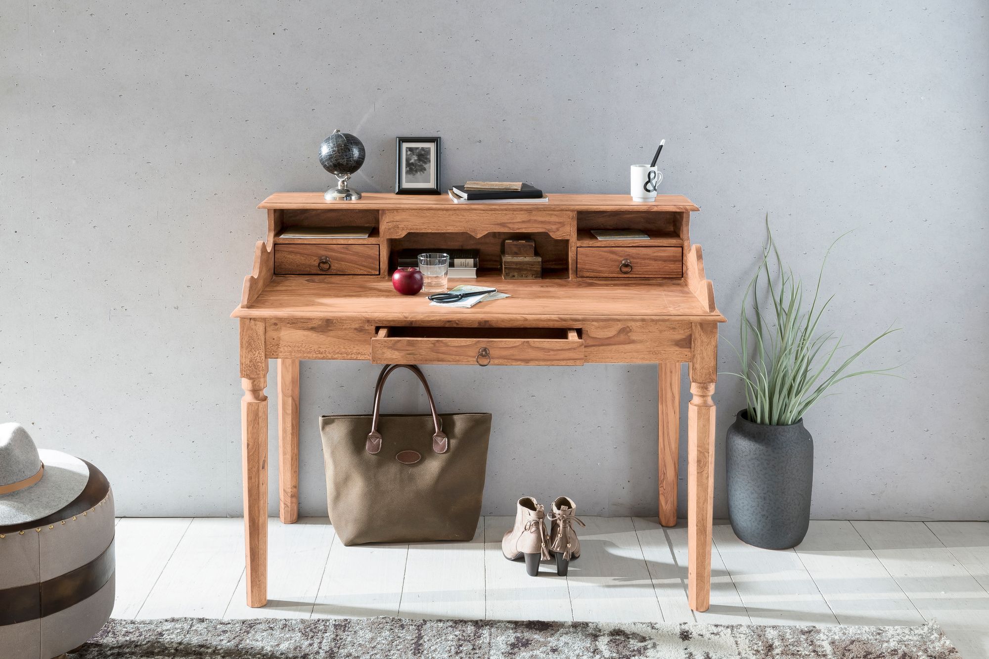 FineBuy Schreibtisch Massivholz Konsole, Sekretär 115 x 100 x 60 cm mit 3 Schubladen und Fächern, Konsolentisch Landhaus-Stil aus Natur-Holz modern, Arbeits-Tisch mit vielen Ablagemöglichkeiten | Farbe: Braun FineBuy Schreibtisch Massivholz Konsole, Sekretär 115 x 100 x 60 cm mit 3 Schubladen und Fächern, Konsolentisch Landhaus-Stil aus Natur-Holz modern, Arbeits-Tisch mit vielen Ablagemöglichkeiten | Farbe: Braun