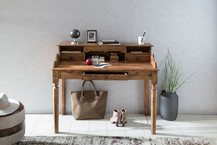 FineBuy Schreibtisch Massivholz Konsole, Sekretär 115 x 100 x 60 cm mit 3 Schubladen und Fächern, Konsolentisch Landhaus-Stil aus Natur-Holz modern, Arbeits-Tisch mit vielen Ablagemöglichkeiten