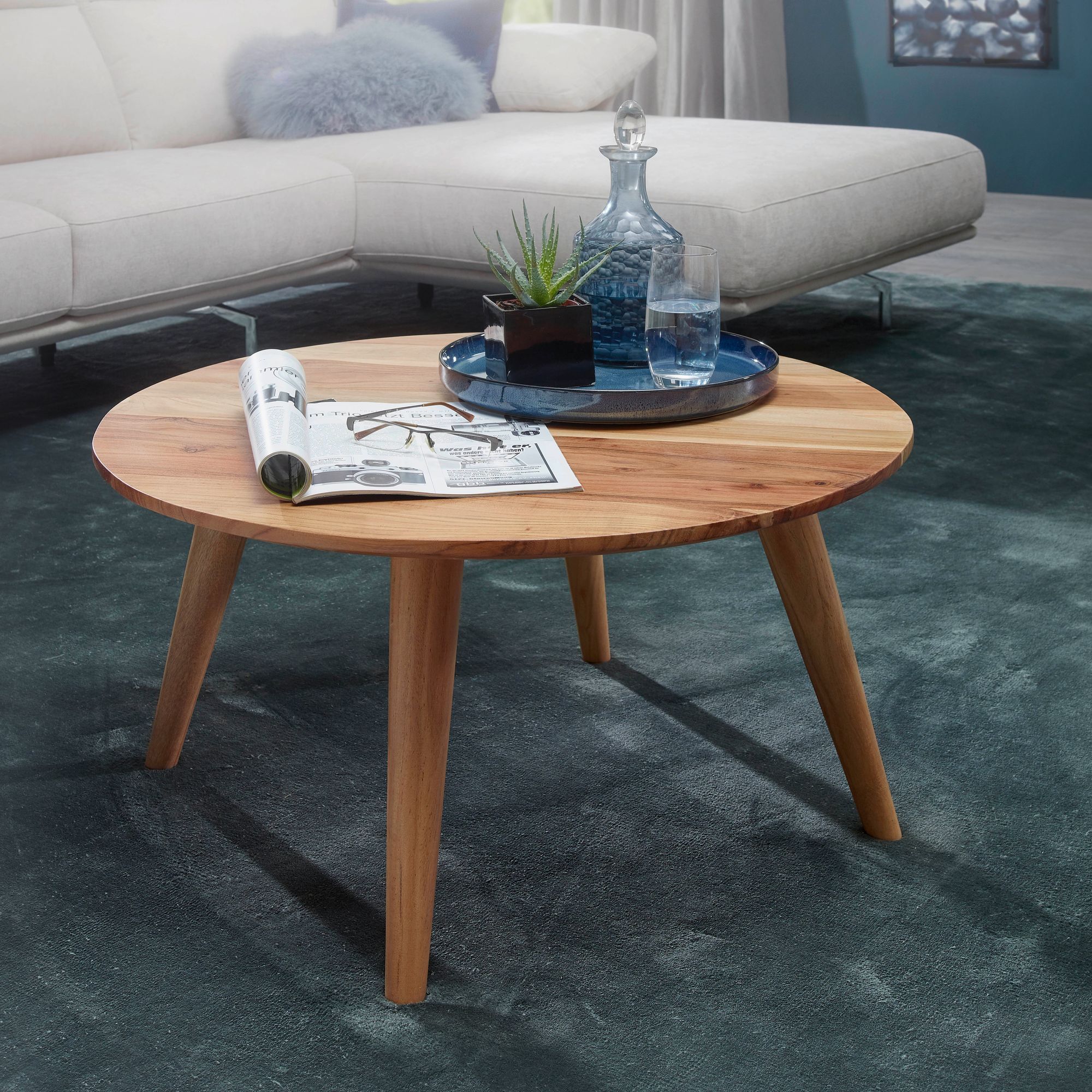 FineBuy Couchtisch Akazie Massiv rund 75 cm Wohnzimmertisch skandinavisch Retro – Ansicht 1