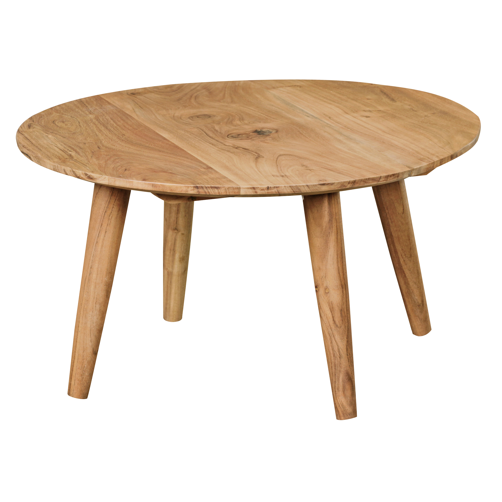 FineBuy Couchtisch Akazie Massivholz rund 75 cm · Wohnzimmertisch im skandinavischen Retro Design · Handgefertigter Holztisch mit konischen Beinen aus Vollholz | Farbe: Braun