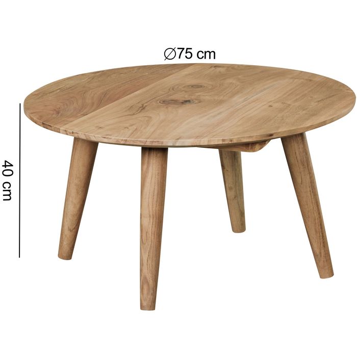 FineBuy Couchtisch Akazie Massiv rund 75 cm Wohnzimmertisch skandinavisch Retro – Maßzeichnung