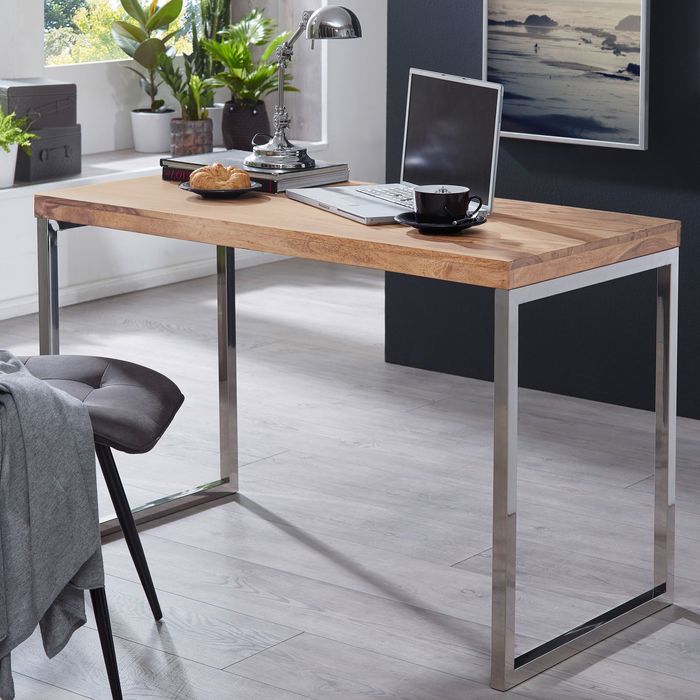 FineBuy Schreibtisch Massivholz Computertisch 120 x 60 cm Laptoptisch Landhaus Konsolentisch mit Metallbeinen Sheesham // Akazie