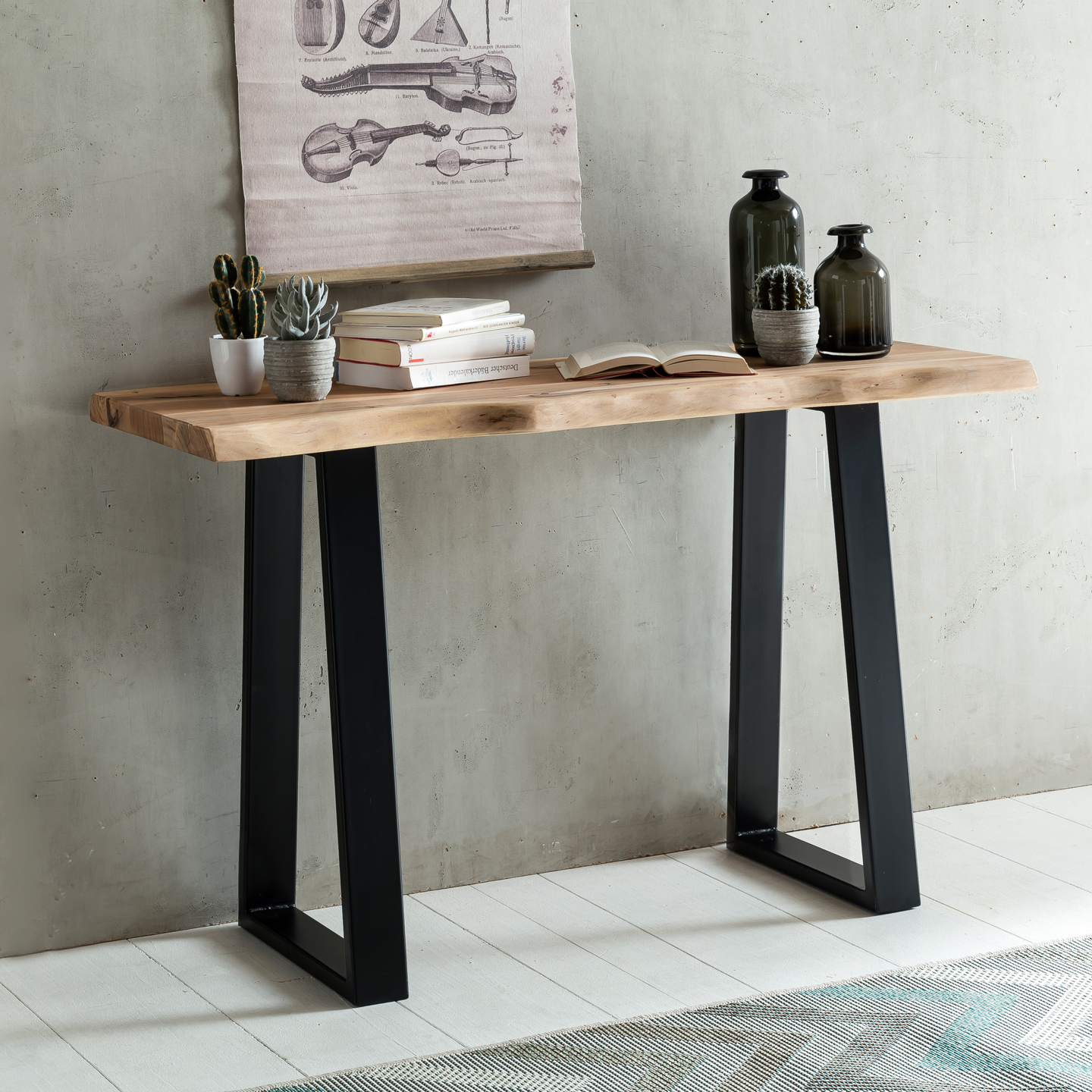 Massiver Konsolentisch GAYA 120 x 45cm Schreibtisch Baumkante Tisch Massiv Holz – Ansicht 1