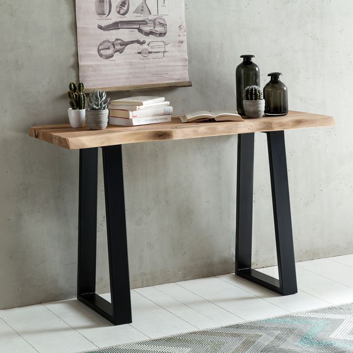 Massiver Konsolentisch GAYA 120 x 45 cm Akazie Massiv Holz Baumkante mit Metallbeinen, Schmaler Design Schreibtisch Baumstamm, MassivholzTisch Konsole 4250950260450