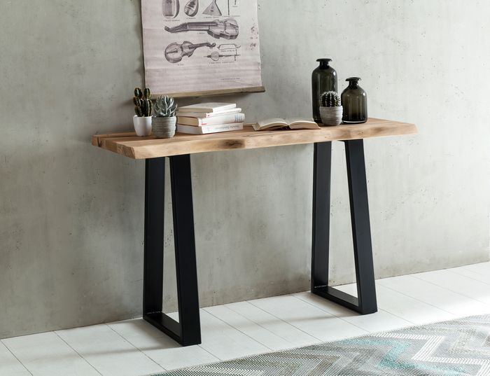 Massiver Konsolentisch GAYA 120 x 45 cm Akazie Massiv Holz Baumkante mit Metallbeinen, Schmaler Design Schreibtisch Baumstamm, MassivholzTisch Konsole 4250950260450