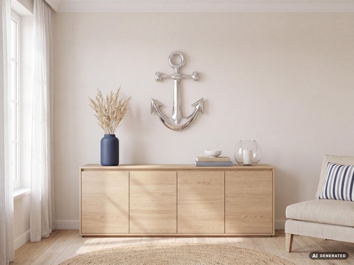 FineBuy Anker Wanddeko Aluminium 62x40 cm – Maritime Wanddekoration in Silber – Metall Deko Anker für Wohnzimmer Flur Badezimmer – Nautischer Wandanker im maritimen Stil – Modernes Wandobjekt