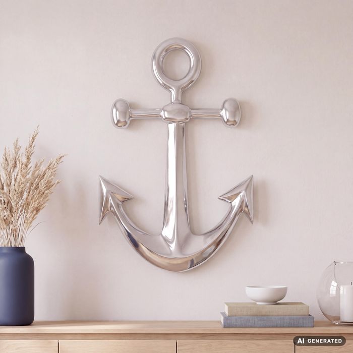 FineBuy Anker Wanddeko Aluminium 62x40 cm – Maritime Wanddekoration in Silber – Metall Deko Anker für Wohnzimmer Flur Badezimmer – Nautischer Wandanker im maritimen Stil – Modernes Wandobjekt