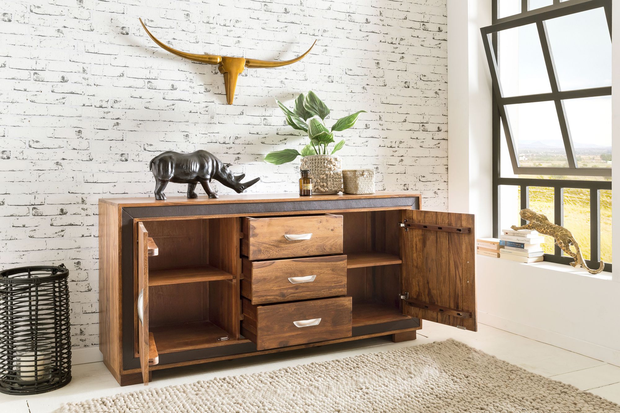 Sideboard Sheesham Massivholz 160x44x80 cm Kommode Schubladen & Türen Kunstleder – Ansicht 4