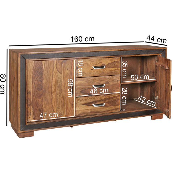 Sideboard Sheesham Massivholz 160x44x80 cm Kommode Schubladen & Türen Kunstleder – Maßzeichnung
