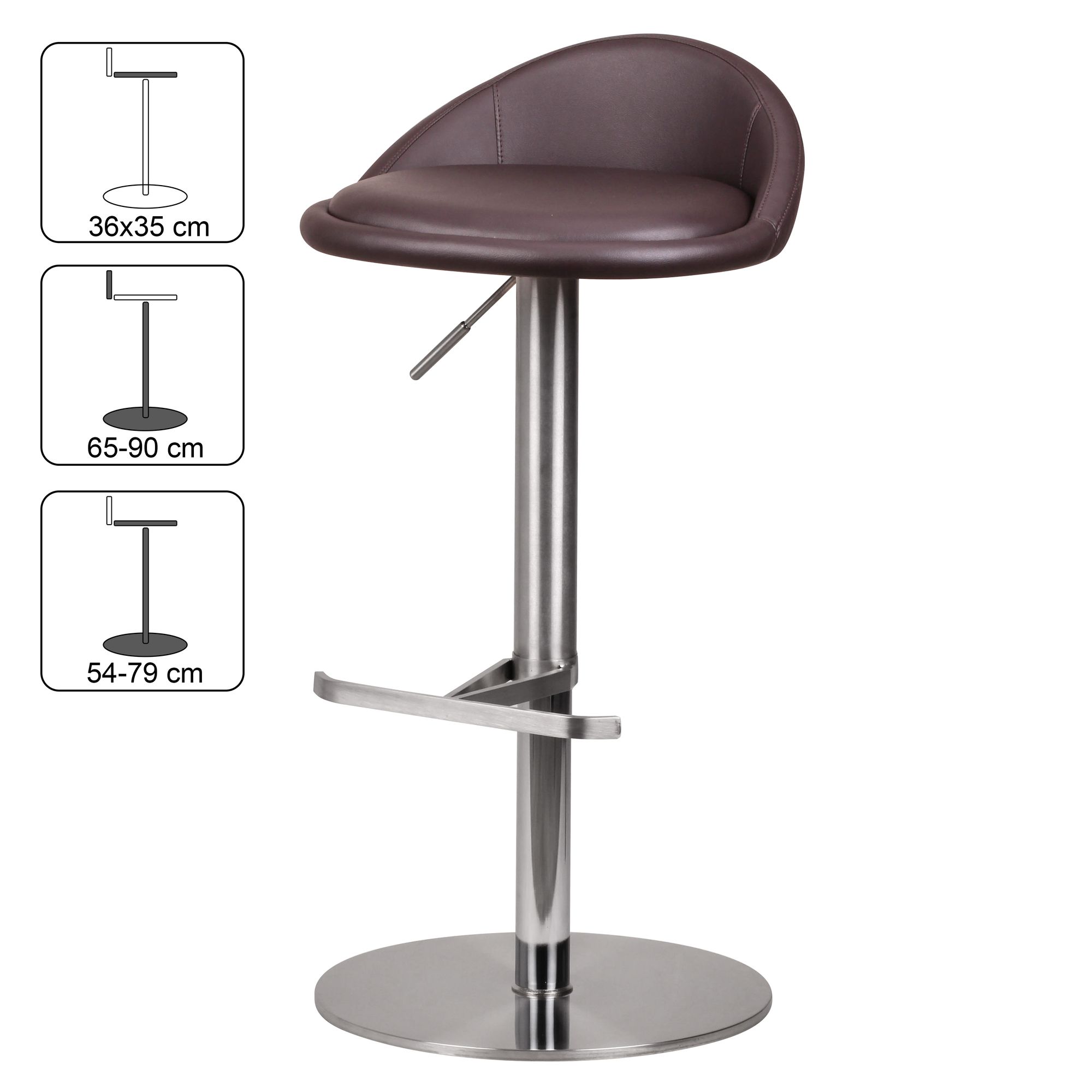 FineBuy Barhocker Edelstahl höhenverstellbare Sitzhöhe 54-79 cm, Design Barstuhl mit Rückenlehne, Bistrohocker Barsitz Gepolstert, Thekenhocker 360° Drehbar, Tresenstuhl Modern | Farbe: Braun