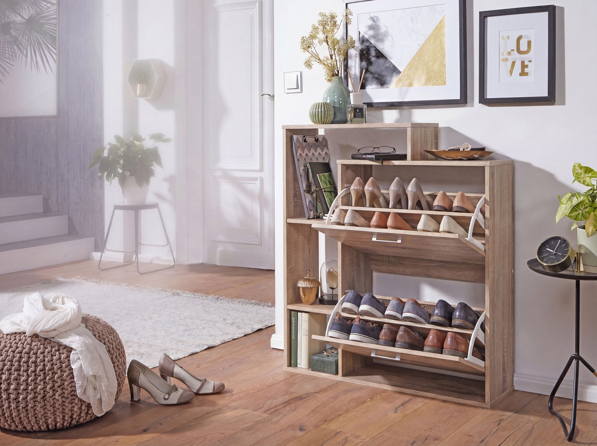 Schuhkipper Holz 2 Fächer Sonoma 12 Paar Schuhe Schuhschrank Schuhkommode – Ansicht 8