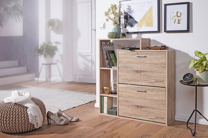 FineBuy Moderner Schuhkipper MASSA Holz 2 Fächer Sonoma Eiche 12 Paar Schuhe, Schuhschrank 85 x 24 x 93 cm, Schuhkommode Flur mit Ablage Regal