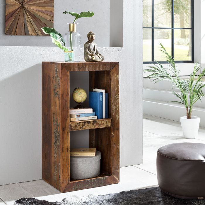 FineBuy Bücherregal KALKUTTA 45 x 35 x 90 cm, Massivholz Regal mit 2 Ebenen, Cube Beistelltisch Wohnzimmer, Standregal Shabby-Chic 4250950264878