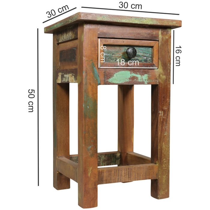 FineBuy Beistelltisch KALKUTTA 30 x 30 x 50 cm, Massivholz Nachtkonsole mit Schublade, Nachttisch Schlafzimmer aus Massiv Holz, Nachtkonsole - Anstelltisch Shabby-Chic