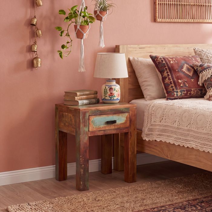 FineBuy Nachttisch KALKUTTA aus Mango Massivholz im Shabby Chic Design mit Schublade – kleiner Beistelltisch fürs Schlafzimmer oder Wohnzimmer, handgefertigte Nachtkonsole – 40x40x55 cm