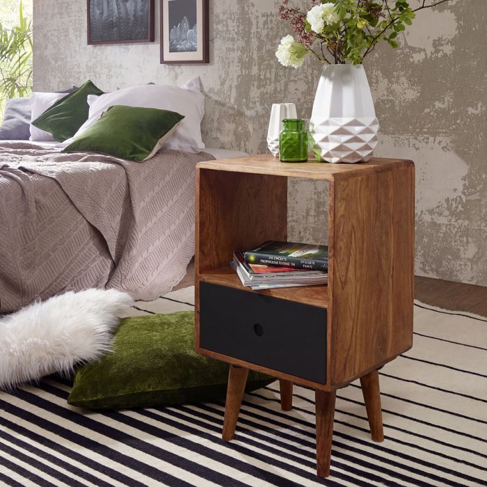 FineBuy Retro Nachtkonsole REPA Sheesham Holz Nachttisch mit Schublade 40 x 35 x 70 cm, Design Nachtkästchen Massiv für Boxspring, Großes Nachtschränkchen dunkelbraun Nako