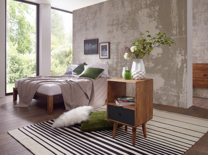 FineBuy Retro Nachtkonsole REPA Sheesham Holz Nachttisch mit Schublade 40 x 35 x 70 cm, Design Nachtkästchen Massiv für Boxspring, Großes Nachtschränkchen dunkelbraun Nako