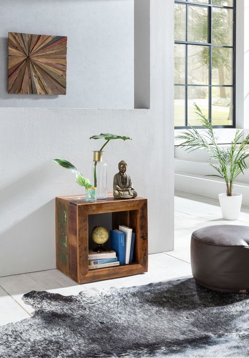 FineBuy Beistelltisch KALKUTTA 45 x 45 x 35 cm, Massivholz Cube Tisch für Wohnzimmer, Wohnzimmertisch mit Ablage, Nachttisch - Nachtkonsole - Nachtkästchen 4250950265141