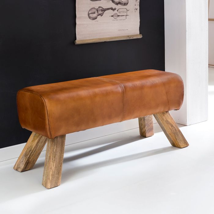 FineBuy Design Sitzhocker FB45549 Holz 90x30x43 cm Leder Modern Springbock, Lederhocker mit Holzbeinen, Massivholz Hocker mit Leder, Springbock Turnbank Gepolstert, Garderobenbank Echtes Leder 4250950266940