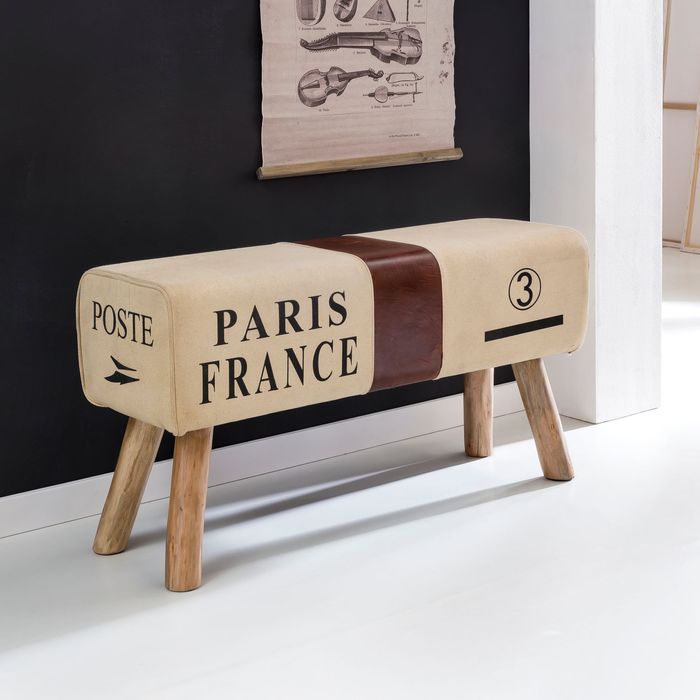 FineBuy Design Turnbock Sitzbank CANVAS Braun 91 x 30 x 50 cm, Turnhocker Bank aus Echtleder / Stoff, Hocker Garderobenbank Sitzhocker Springbock Turnbank 4250950266964