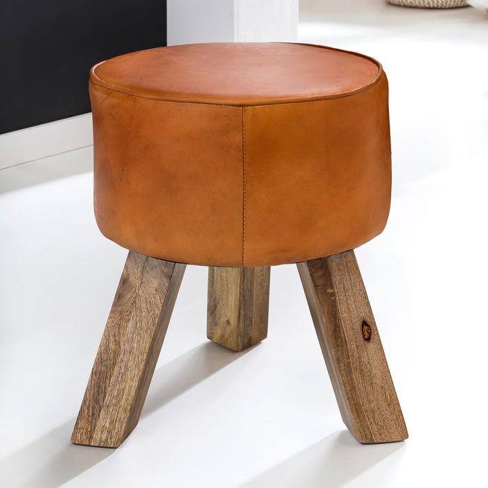 FineBuy Design Sitzhocker FB45553 Holz 37x45x37 cm Modern Fußhocker Rund, Turnbock Lederhocker Holzbeine, Hocker Massivholz mit Leder, Kleiner Fußhocker Gepolstert, Holzhocker mit Echtleder Braun 4250950266988