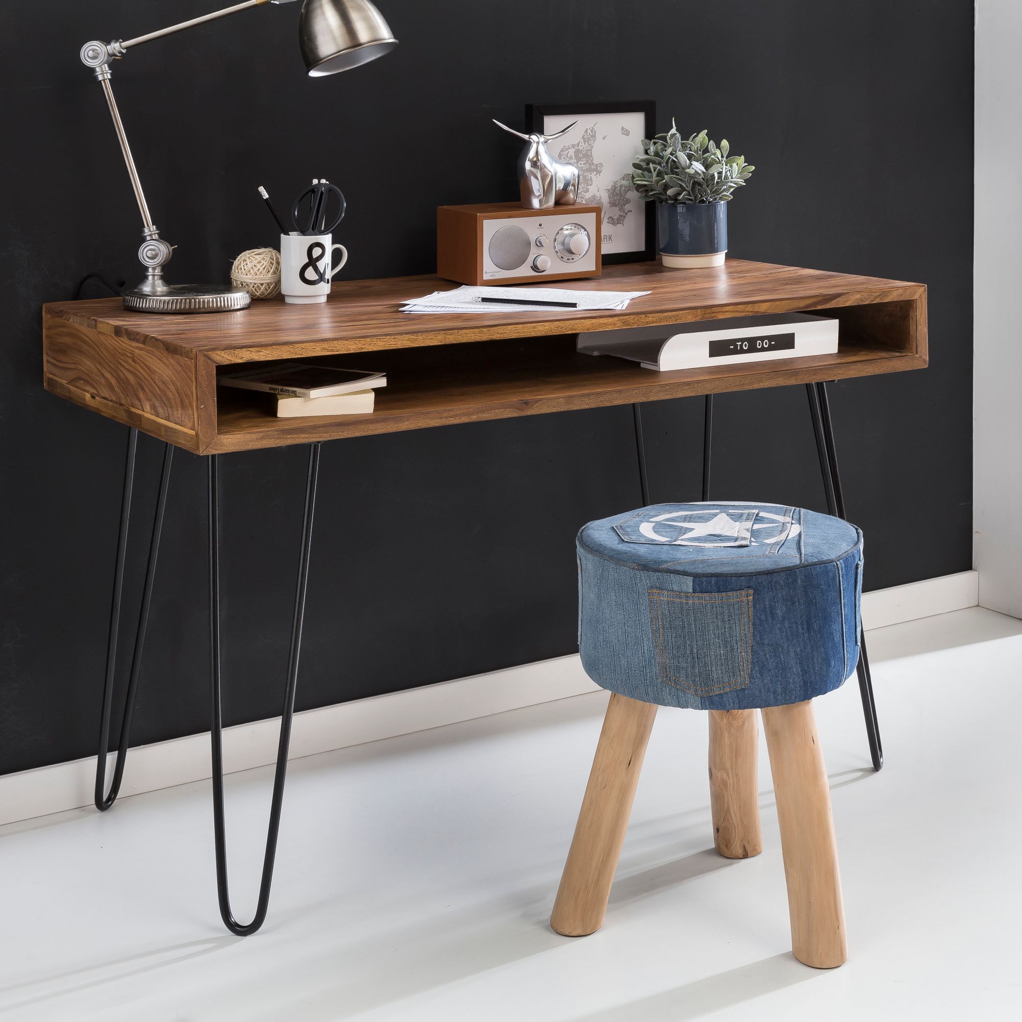 FineBuy Schreibtisch 110x60 cm Bürotisch Laptoptisch Massiv Holztisch Sheesham – Ansicht 1