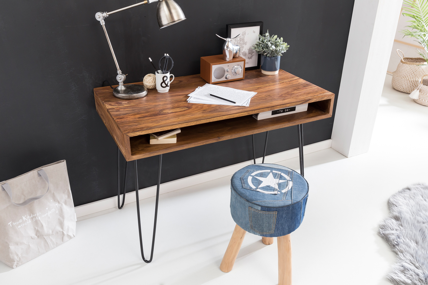 FineBuy Schreibtisch 110x60 cm Bürotisch Laptoptisch Massiv Holztisch Sheesham – Ansicht 2