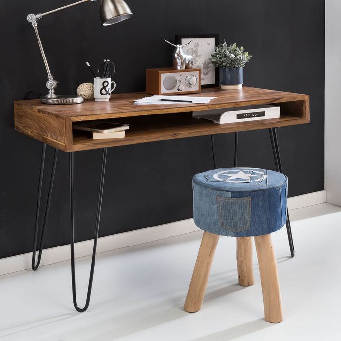 Massiver Schreibtisch HARLEM Sheesham Massiv Holz 110 x 60 x 76 cm mit Ablage, Computertisch Massivholz mit Metall Beinen, Design Holz PC Tisch 4250950267145